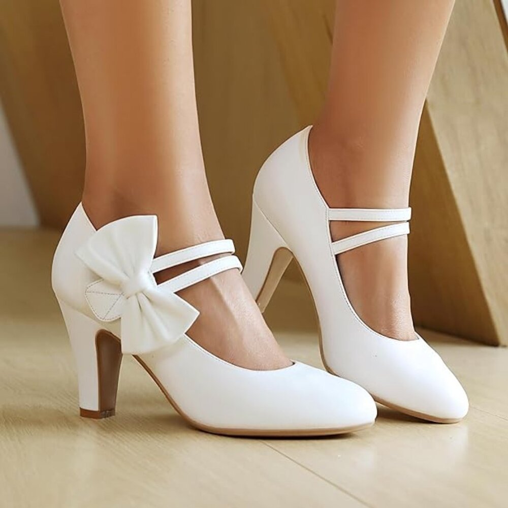 Women's Mary Jane Close Round Toe Vintage Style 1950s Heels Bow Double Straps